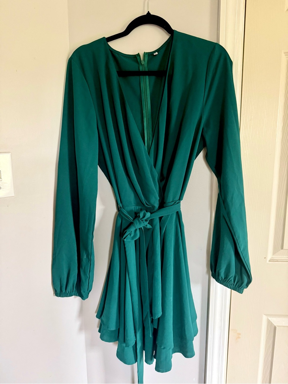 Long-Sleeve Dark Green Wrap Dress with Tie Waist